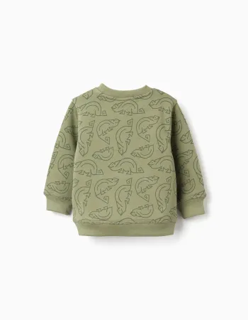 Cotton sweatshirt with chameleon motif for baby boys, dark green