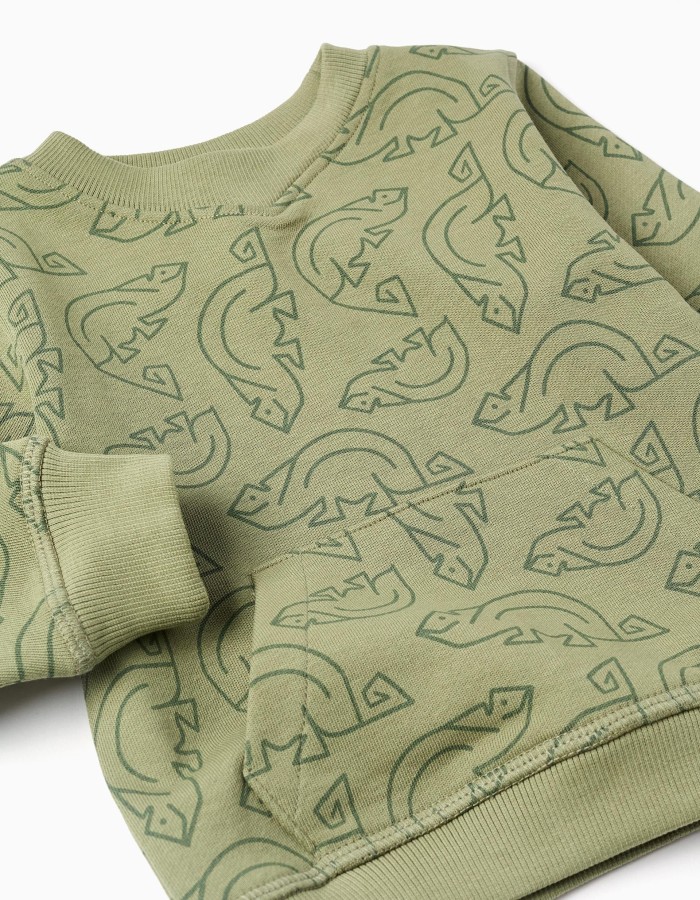 Cotton sweatshirt with chameleon motif for baby boys, dark green