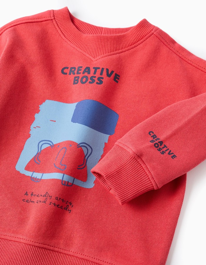 Cotton sweatshirt with Creative Boss print for baby boys, red