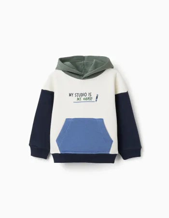 Brushed hooded sweatshirt with print for baby boys, white/blue/green