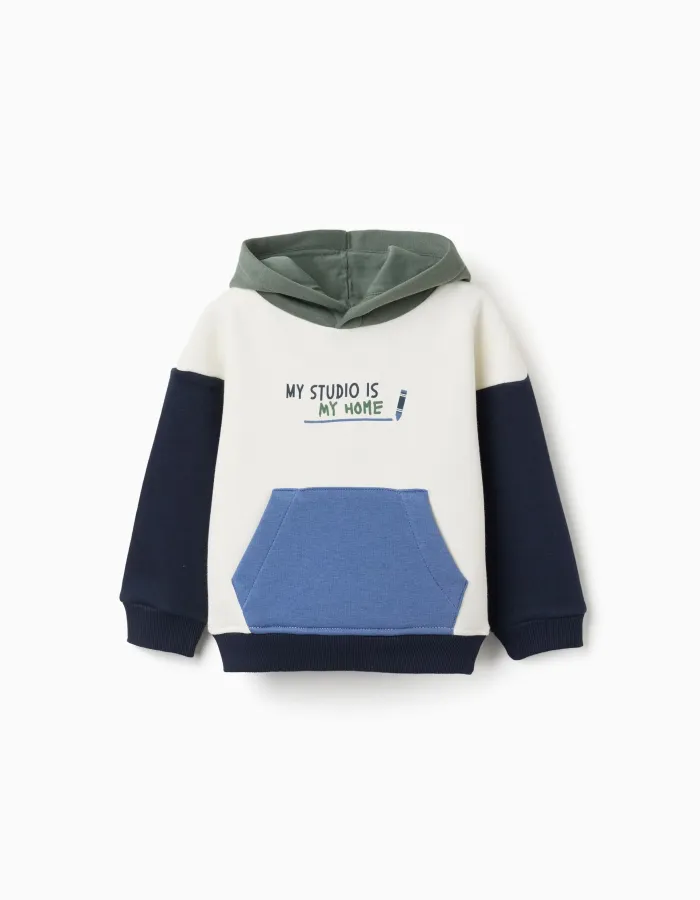 Brushed hooded sweatshirt with print for baby boys, white/blue/green