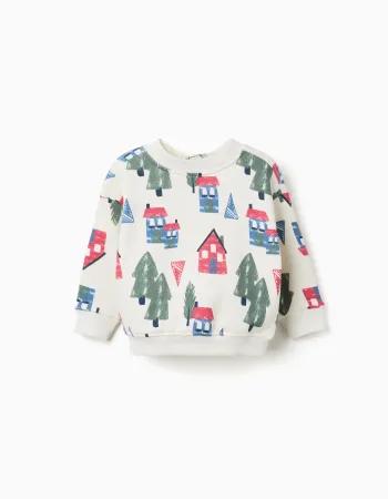 Brushed sweatshirt with houses print for baby boys, white