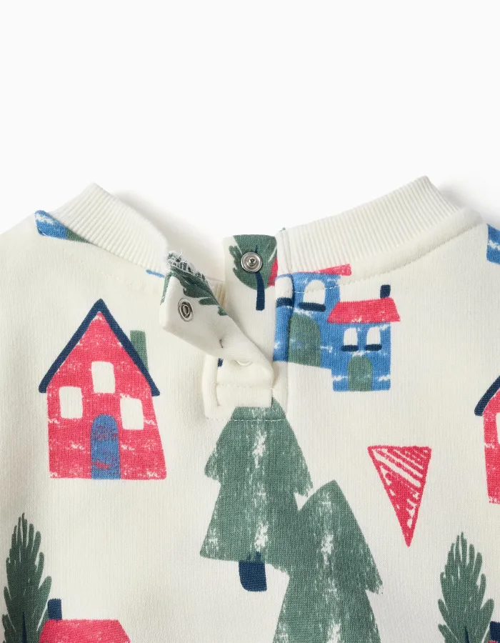 Brushed sweatshirt with houses print for baby boys, white
