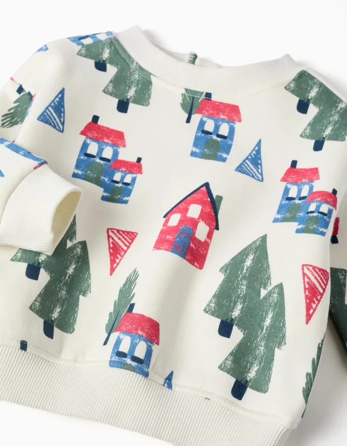 Brushed sweatshirt with houses print for baby boys, white