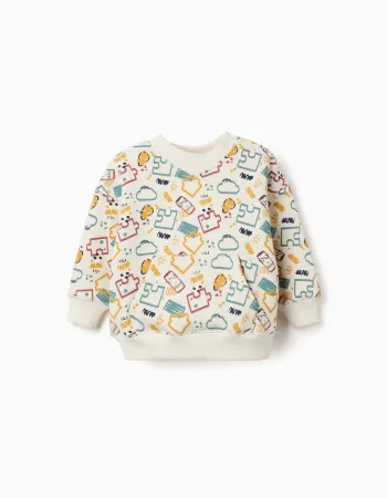 Brushed sweatshirt with colourful print for baby boys, white