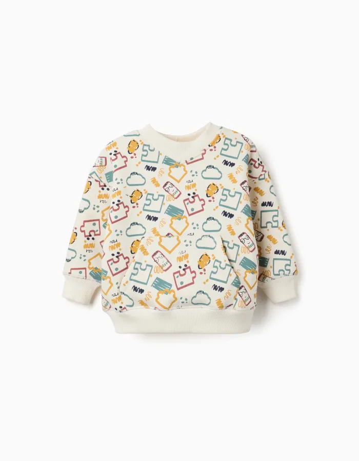 Brushed sweatshirt with colourful print for baby boys, white