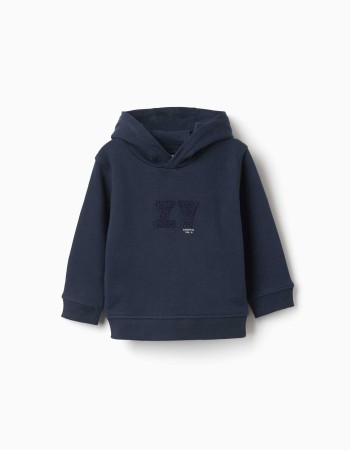Hooded sweatshirt with ZY bouclé embroidery for baby boys, navy blue