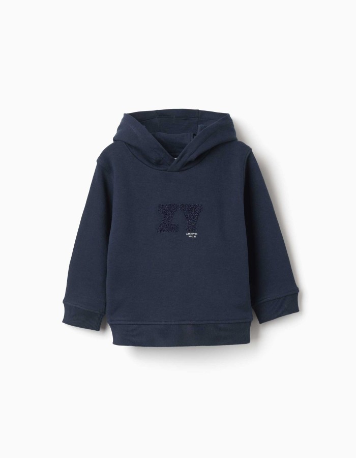 Hooded sweatshirt with ZY bouclé embroidery for baby boys, navy blue