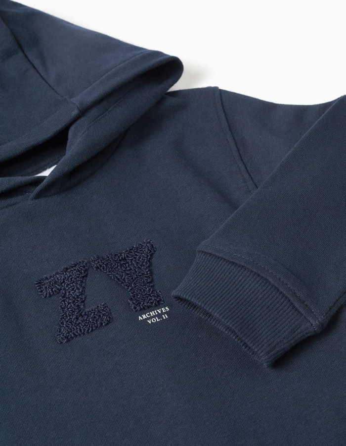 Hooded sweatshirt with ZY bouclé embroidery for baby boys, navy blue