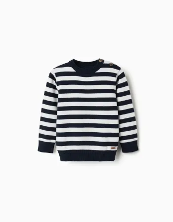 Striped knitted jumper for baby boys, white/navy blue