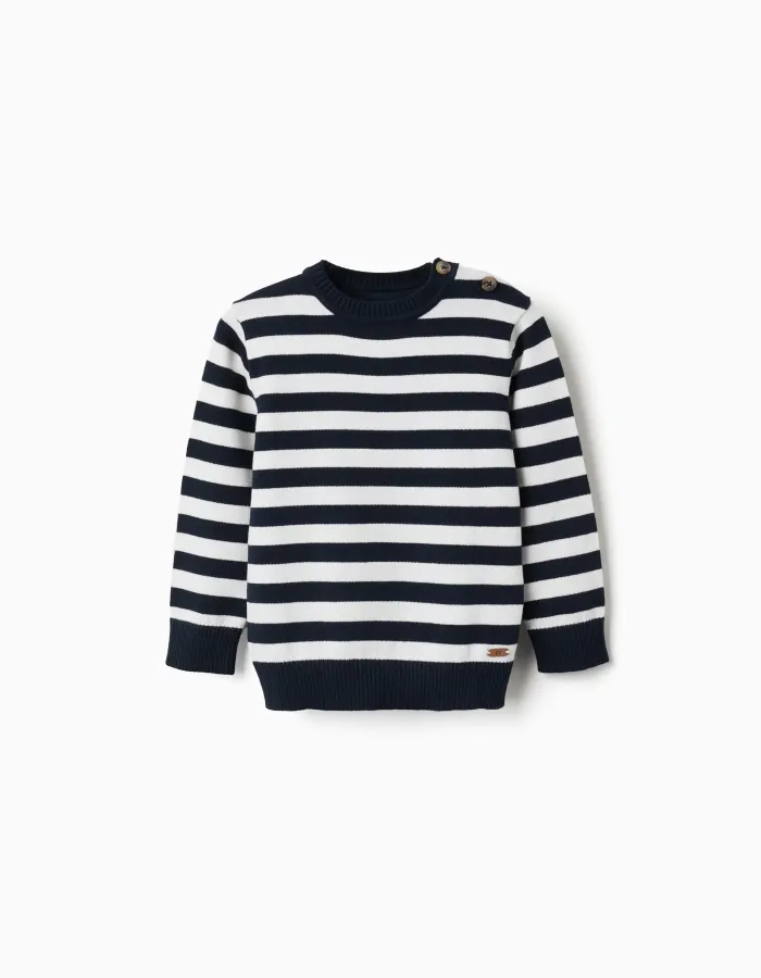 Striped knitted jumper for baby boys, white/navy blue