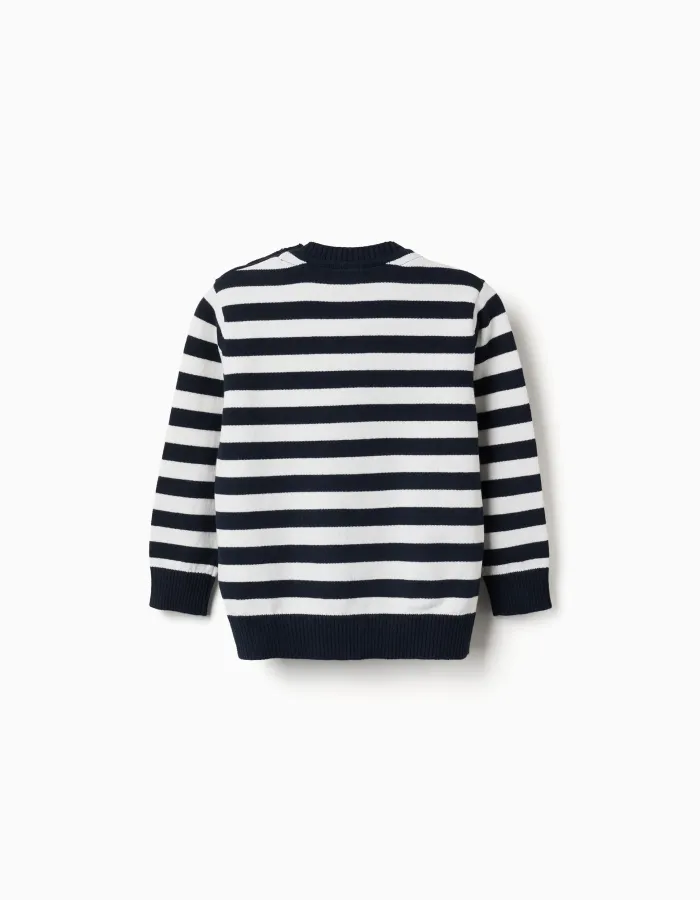 Striped knitted jumper for baby boys, white/navy blue