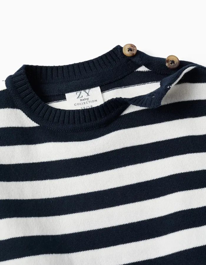 Striped knitted jumper for baby boys, white/navy blue