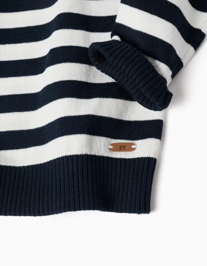 Striped knitted jumper for baby boys, white/navy blue