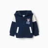 Brushed hooded jacket with Mickey prints for babies and boys, navy blue
