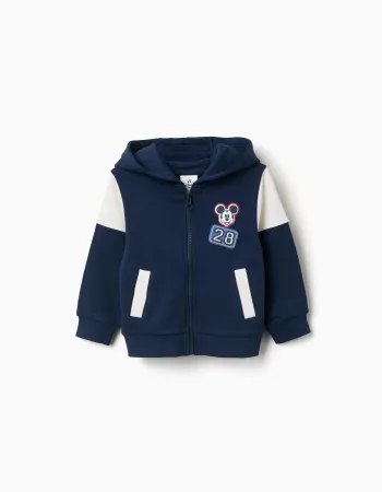 Brushed hooded jacket with Mickey prints for babies and boys, navy blue