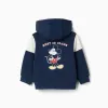 Brushed hooded jacket with Mickey prints for babies and boys, navy blue