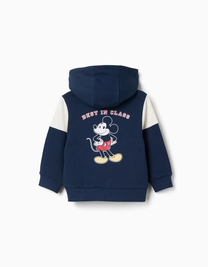 Brushed hooded jacket with Mickey prints for babies and boys, navy blue