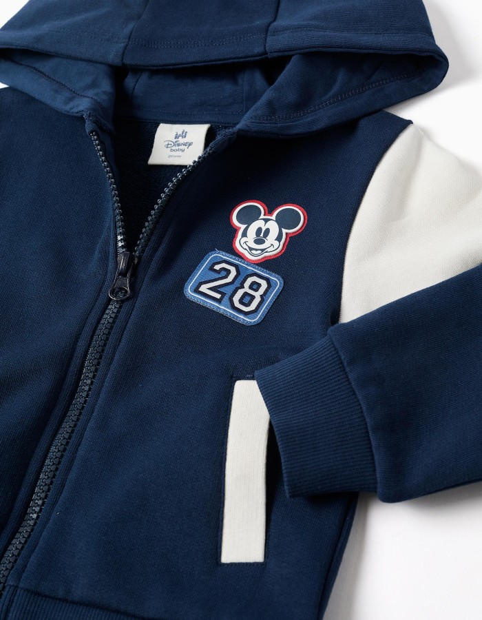 Brushed hooded jacket with Mickey prints for babies and boys, navy blue