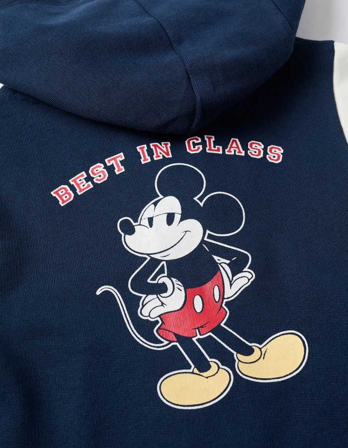 Brushed hooded jacket with Mickey prints for babies and boys, navy blue