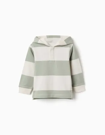 Hooded cotton sweatshirt with stripes for baby boys, light beige/green