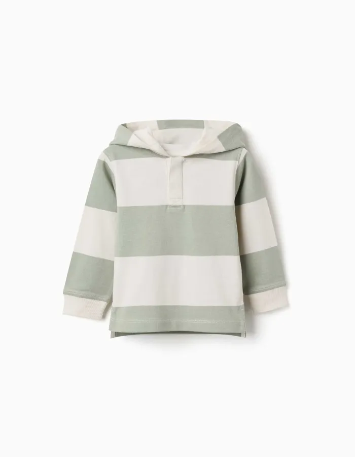 Hooded cotton sweatshirt with stripes for baby boys, light beige/green