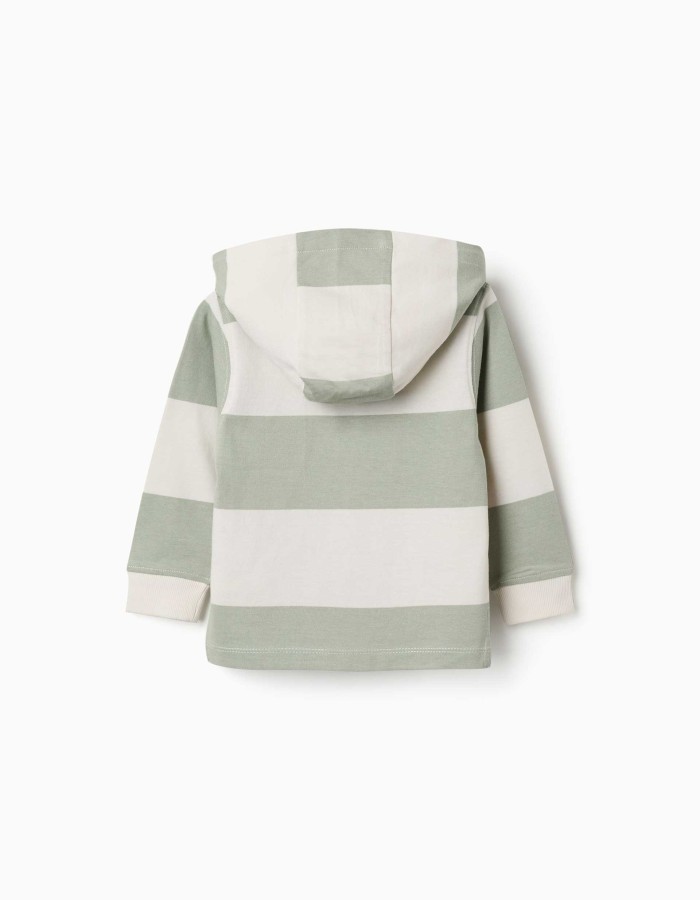 Hooded cotton sweatshirt with stripes for baby boys, light beige/green