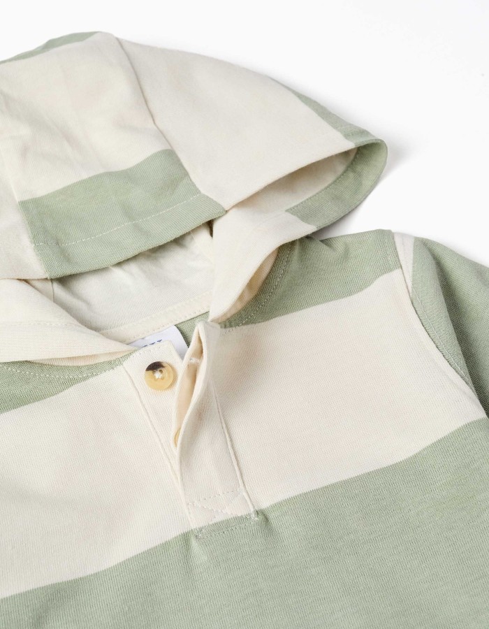 Hooded cotton sweatshirt with stripes for baby boys, light beige/green