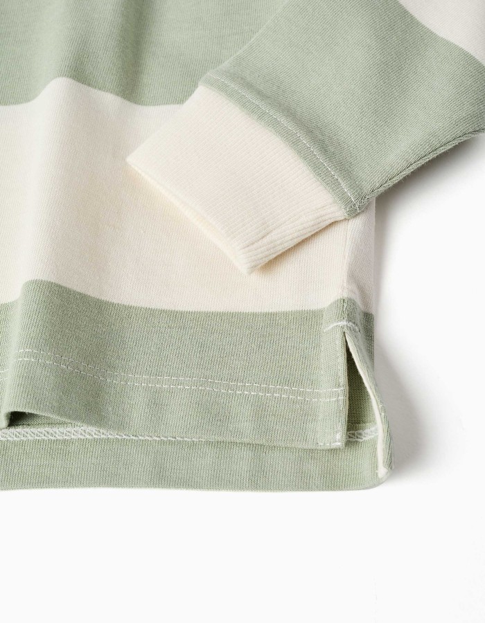 Hooded cotton sweatshirt with stripes for baby boys, light beige/green