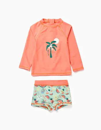 Swim set with UV 80 protection and motif for baby boys, orange/green