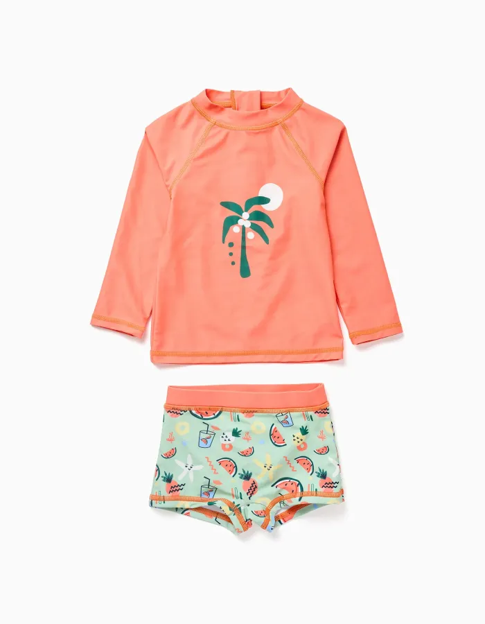 Swim set with UV 80 protection and motif for baby boys, orange/green