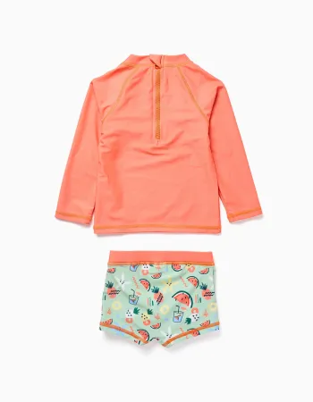 Swim set with UV 80 protection and motif for baby boys, orange/green
