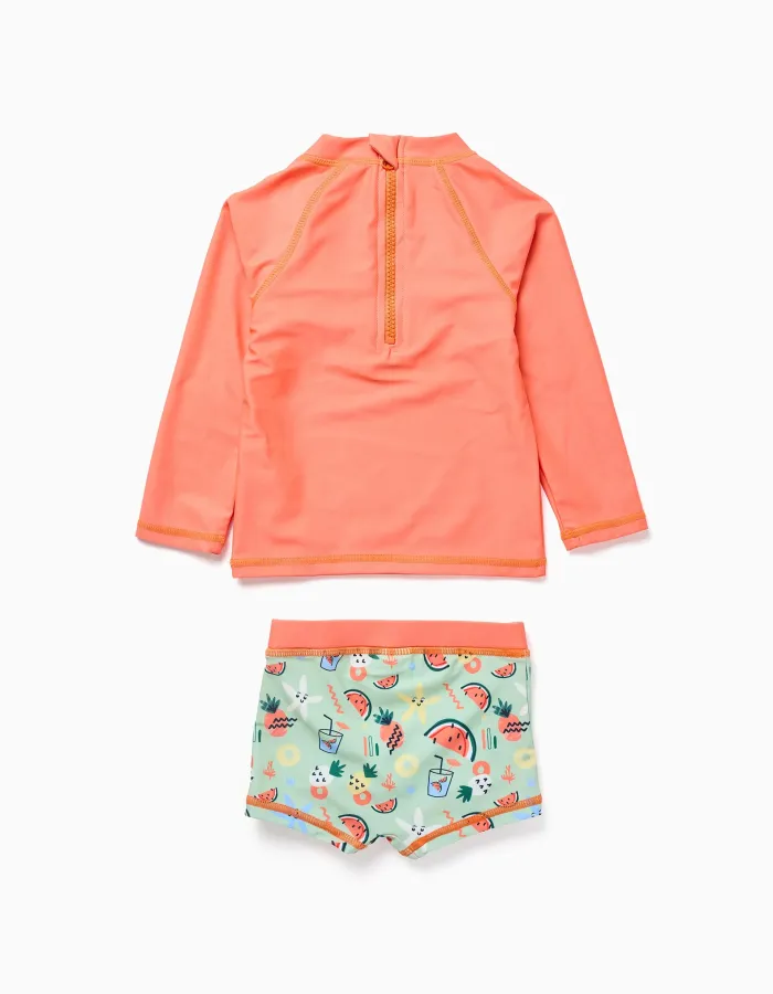 Swim set with UV 80 protection and motif for baby boys, orange/green