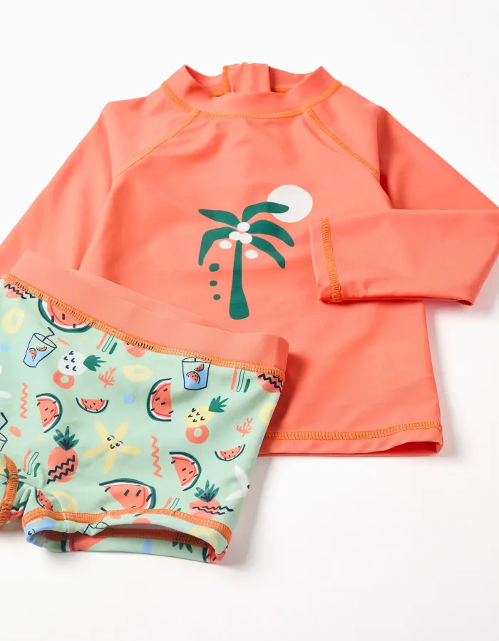 Swim set with UV 80 protection and motif for baby boys, orange/green