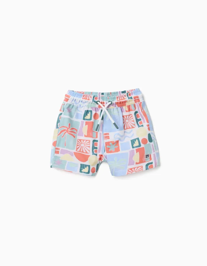 Printed swim shorts with drawstring for baby boys, multicoloured