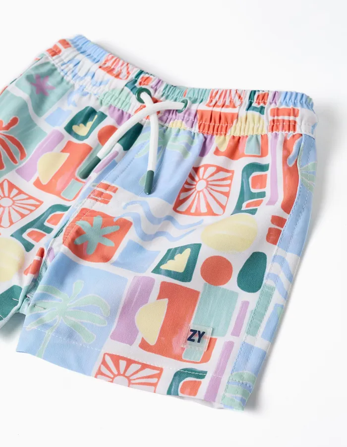 Printed swim shorts with drawstring for baby boys, multicoloured