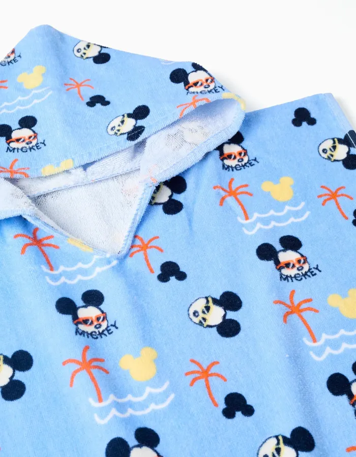 Hooded beach poncho in cotton with Mickey for baby boys, light blue