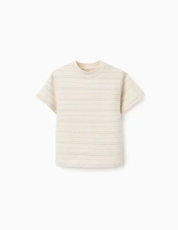 Cotton T-shirt with jacquard stripes for baby boys, light beige