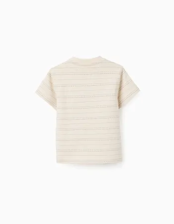 Cotton T-shirt with jacquard stripes for baby boys, light beige