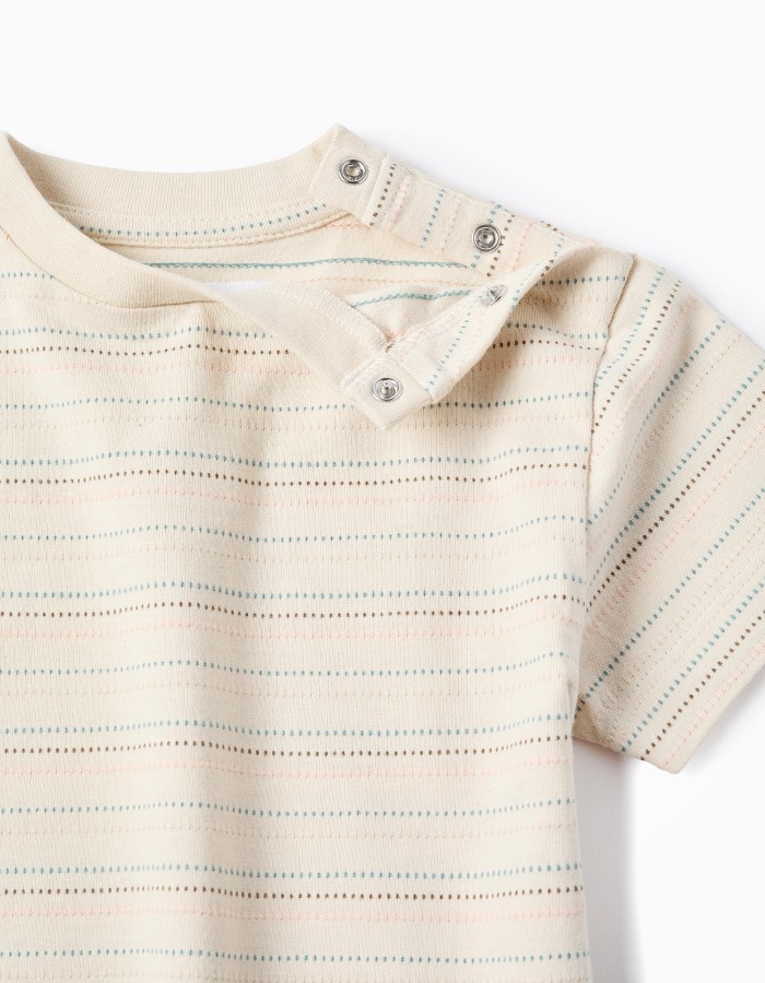 Cotton T-shirt with jacquard stripes for baby boys, light beige