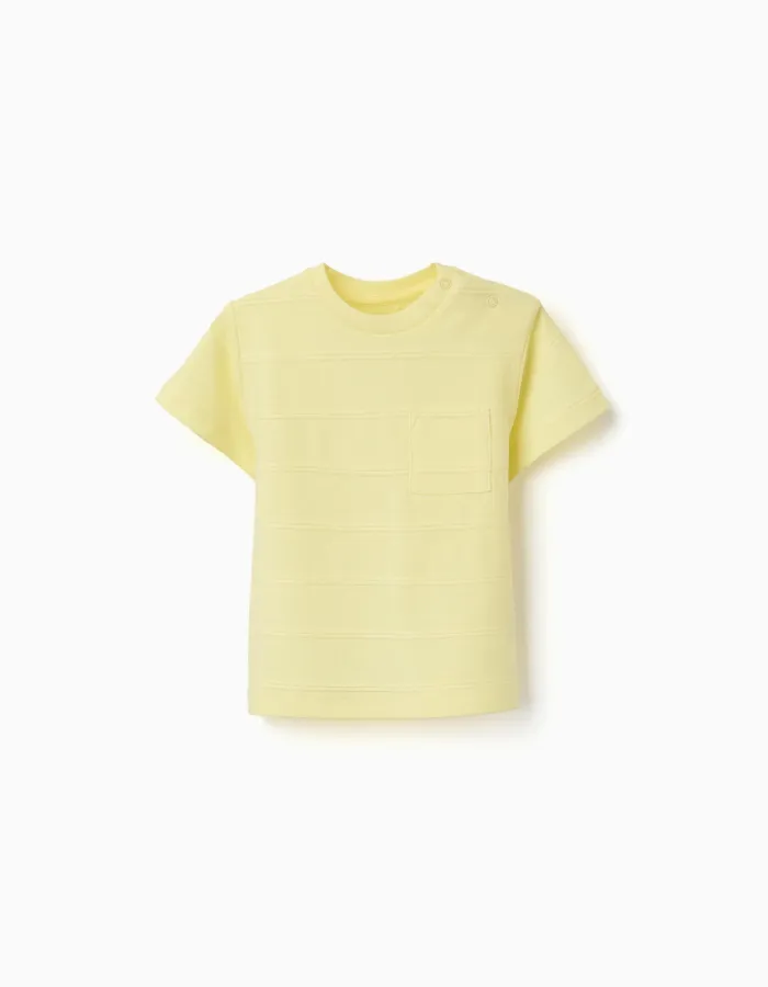 Cotton T-shirt with embossed lines and pocket for baby boys, yellow