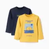 Pack of 2 long sleeve T-shirts with prints for baby boys, yellow/blue