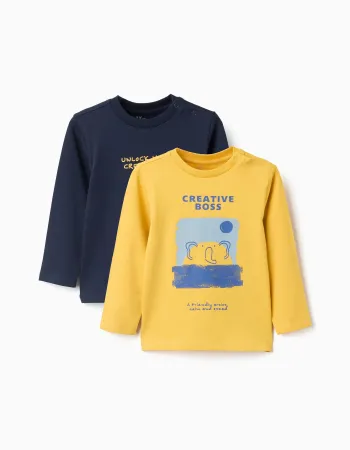 Pack of 2 long sleeve T-shirts with prints for baby boys, yellow/blue