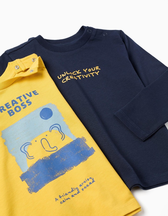 Pack of 2 long sleeve T-shirts with prints for baby boys, yellow/blue