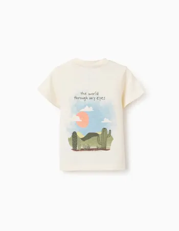 Cotton T-shirt with Lanzarote prints for baby boys, light beige