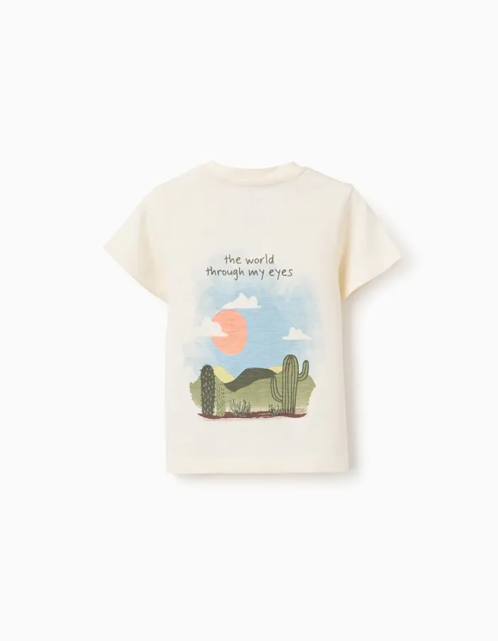 Cotton T-shirt with Lanzarote prints for baby boys, light beige