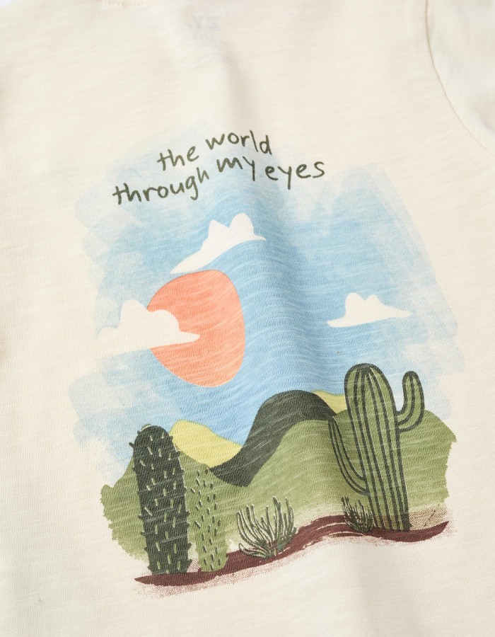 Cotton T-shirt with Lanzarote prints for baby boys, light beige