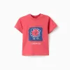 Cotton T-shirt with lion front print for baby boys, red/blue