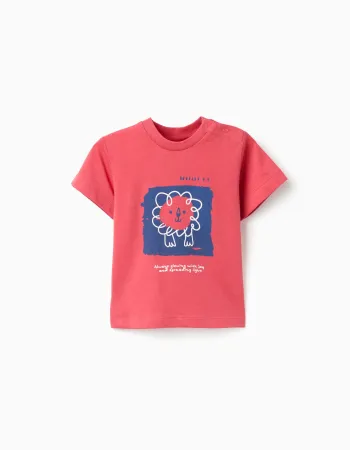 Cotton T-shirt with lion front print for baby boys, red/blue