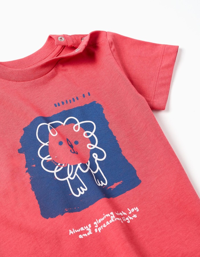 Cotton T-shirt with lion front print for baby boys, red/blue